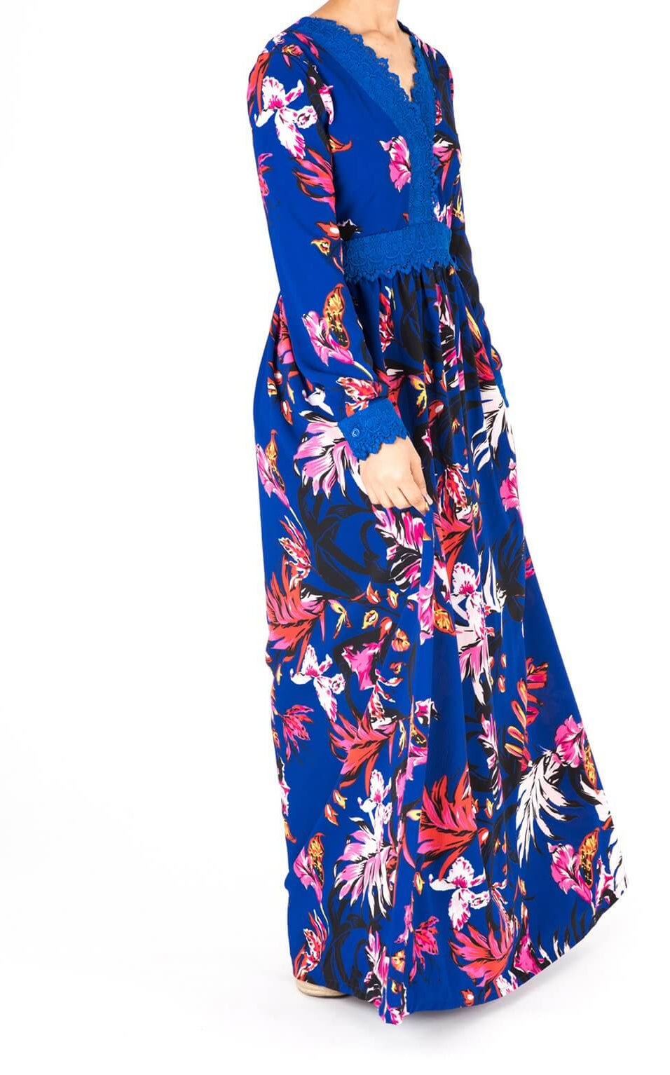 Blue Floral Print Lace-Up Maxi Dress Kabayare