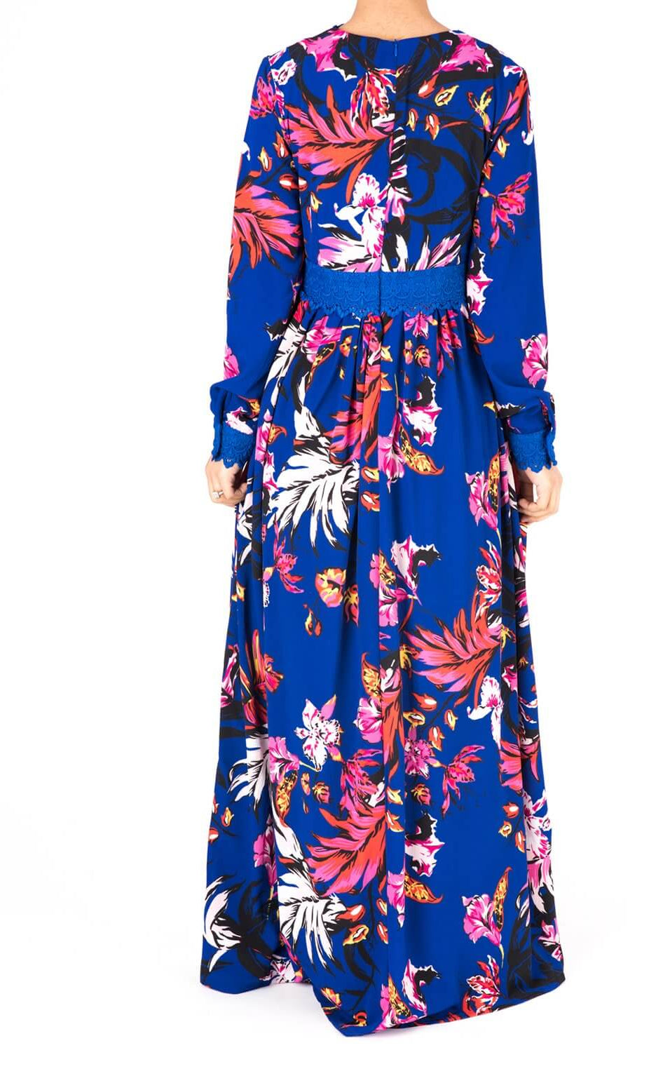 Blue Floral Print Lace-Up Maxi Dress Kabayare