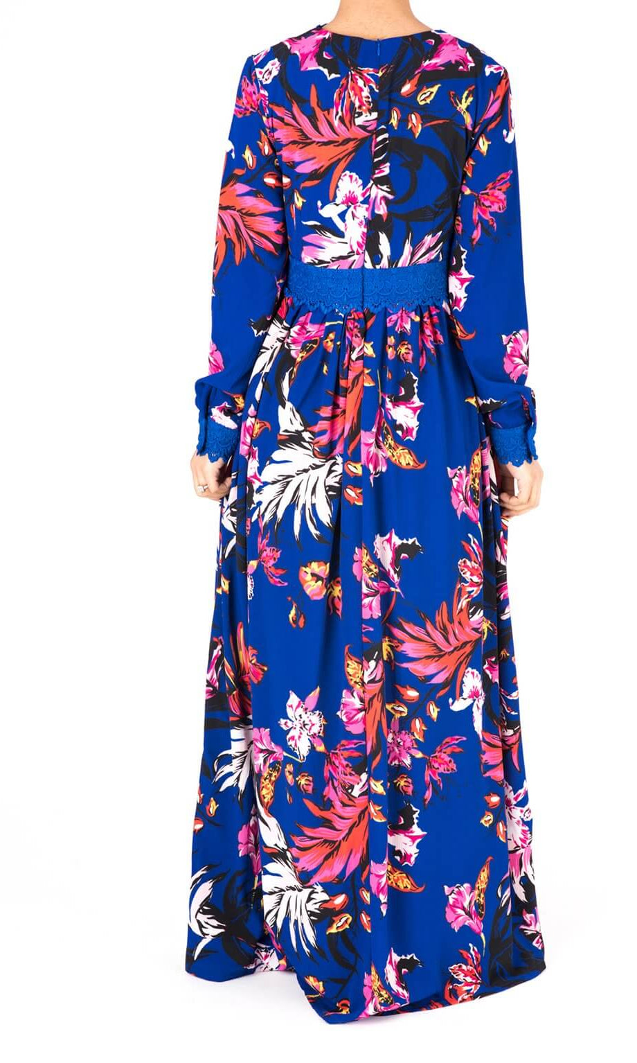 Blue Floral Print Lace-Up Maxi Dress Kabayare