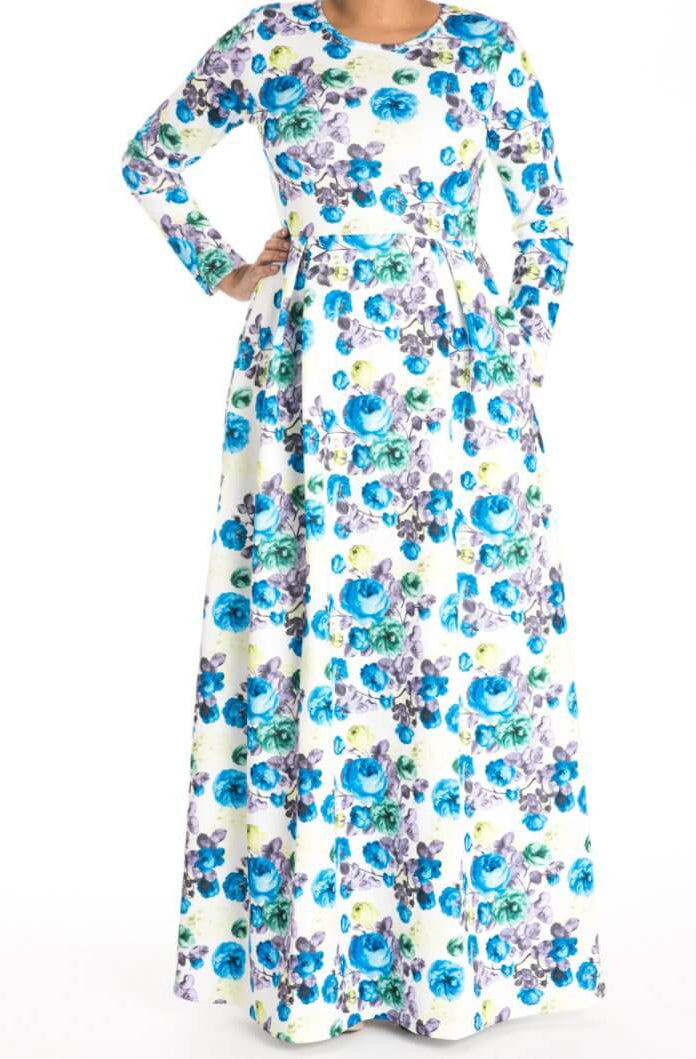 Blue Floral Striking Flare Dress Kabayare