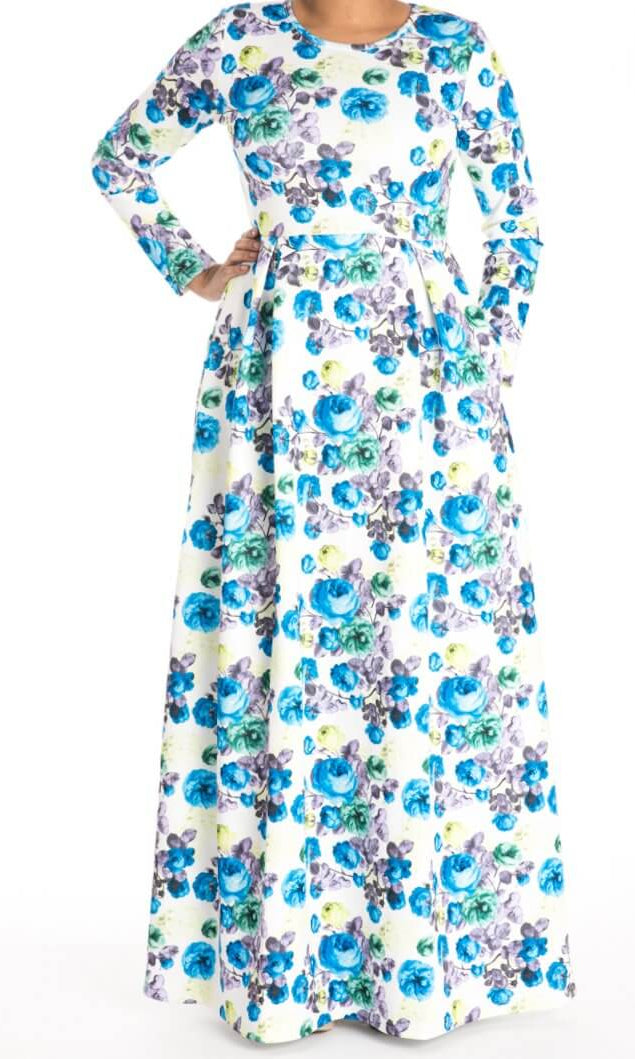 Blue Floral Striking Flare Dress Kabayare