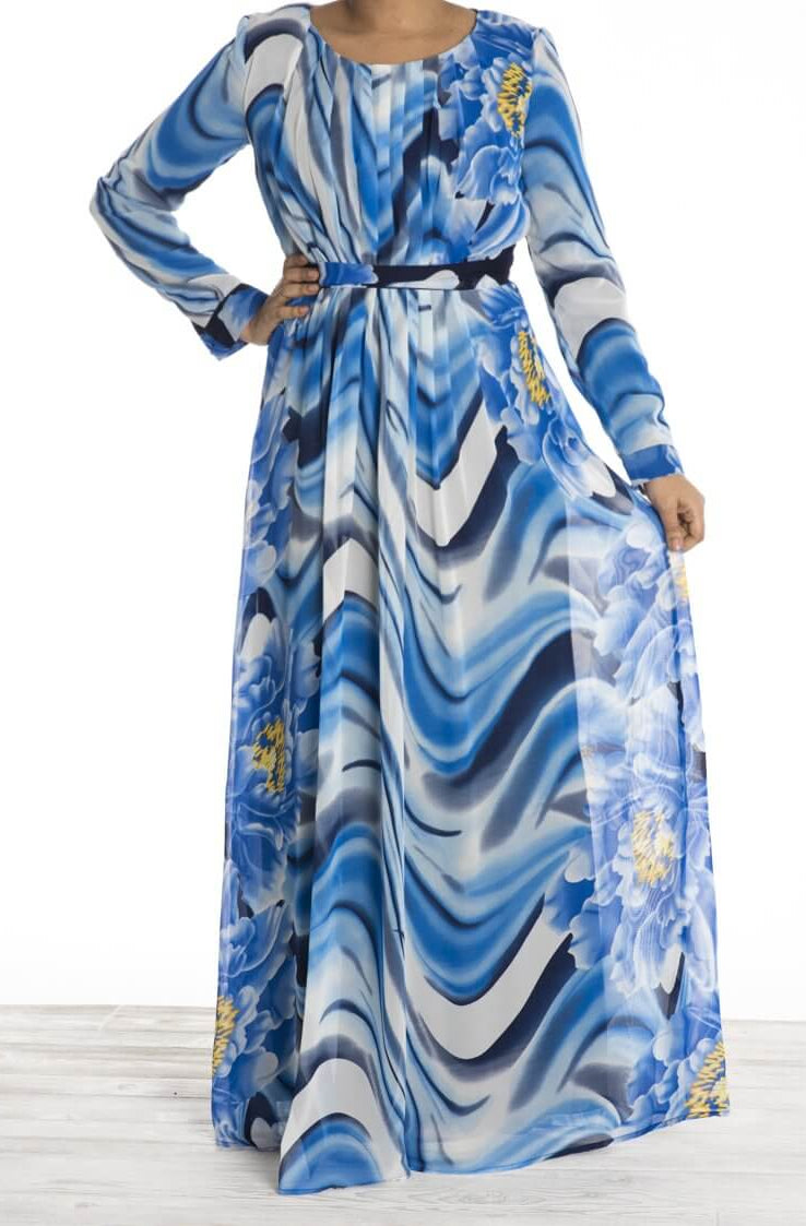 Blue Floral Waves Chiffon Dress Kabayare