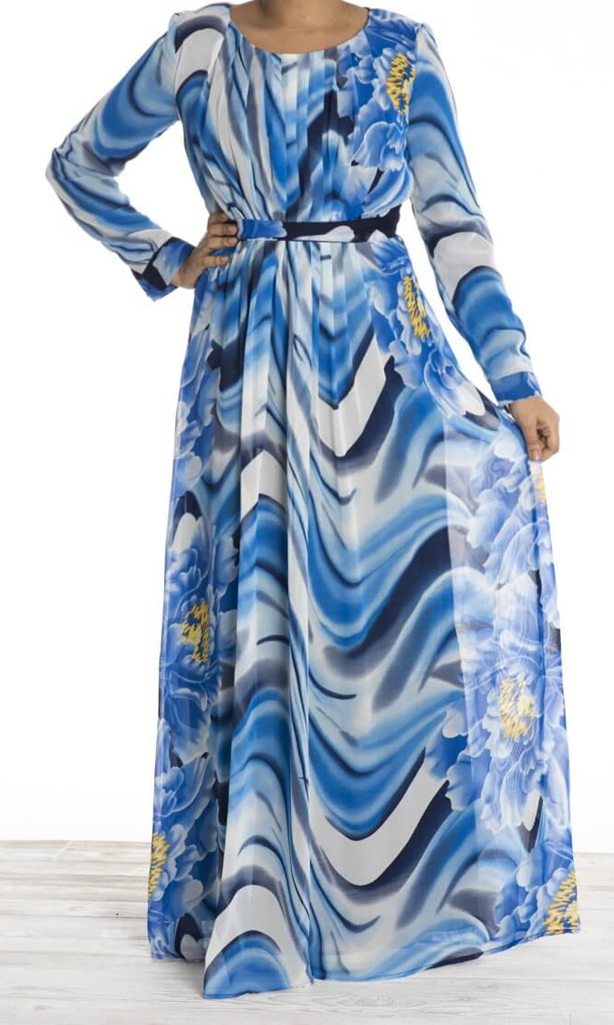 Blue Floral Waves Chiffon Dress Kabayare