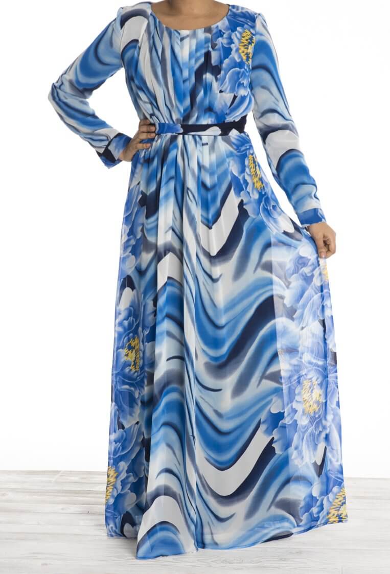 Blue Floral Waves Chiffon Dress Kabayare