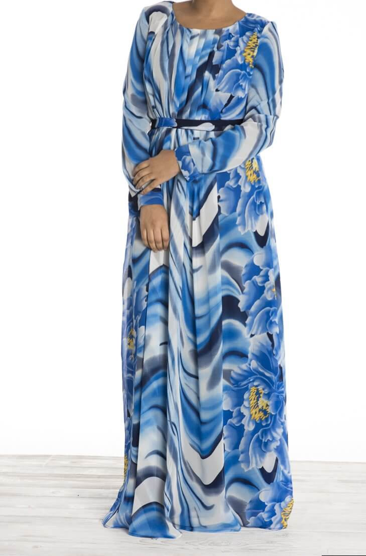Blue Floral Waves Chiffon Dress Kabayare