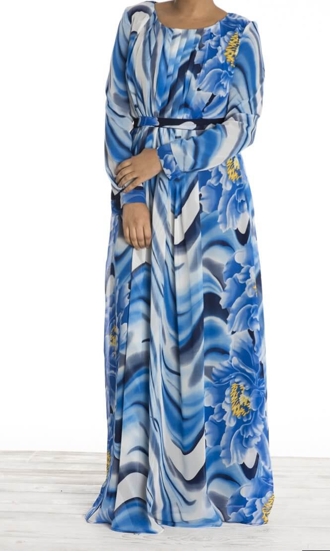 Blue Floral Waves Chiffon Dress Kabayare