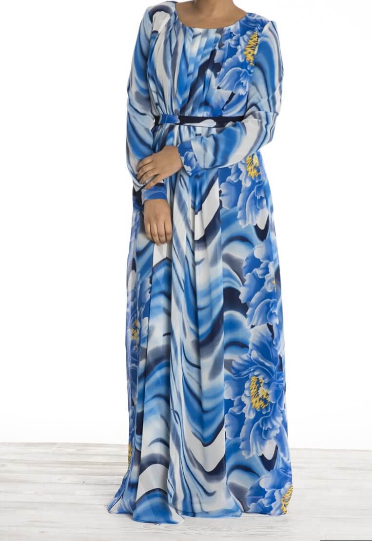 Blue Floral Waves Chiffon Dress Kabayare