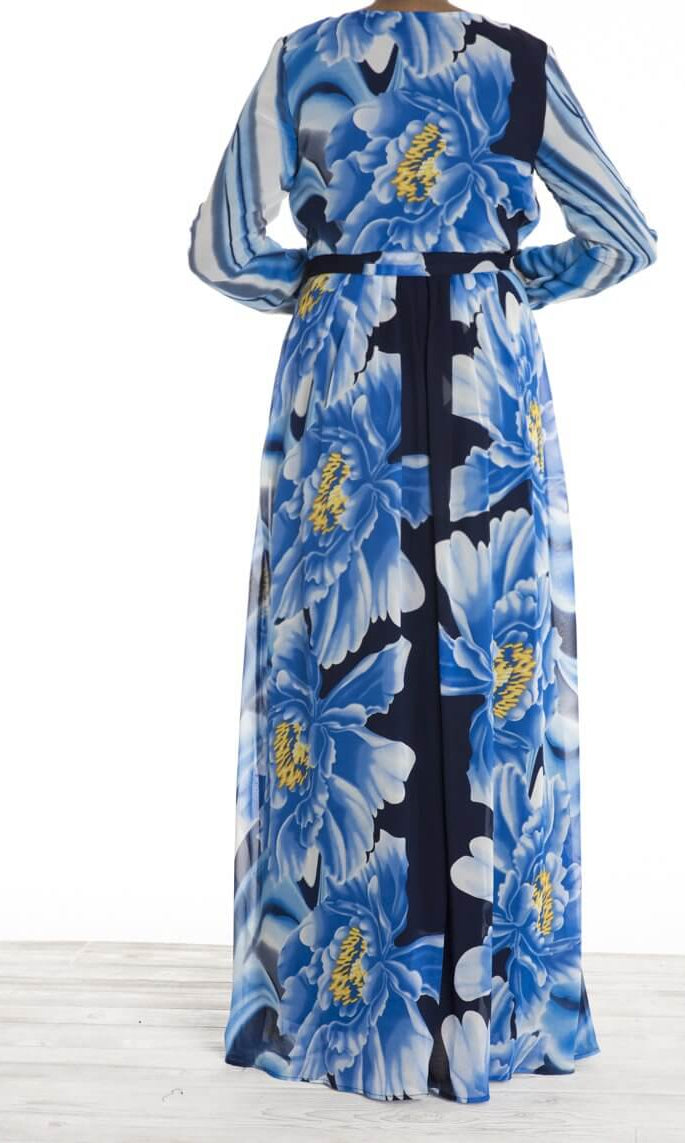 Blue Floral Waves Chiffon Dress Kabayare