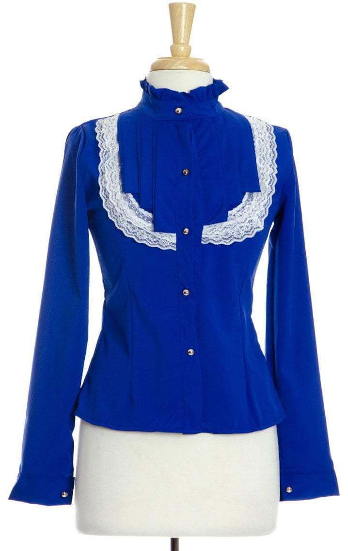 Blue Lace Long Sleeve Ruffle Shirt Kabayare