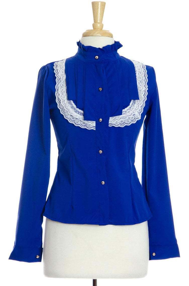 Blue Lace Long Sleeve Ruffle Shirt Kabayare
