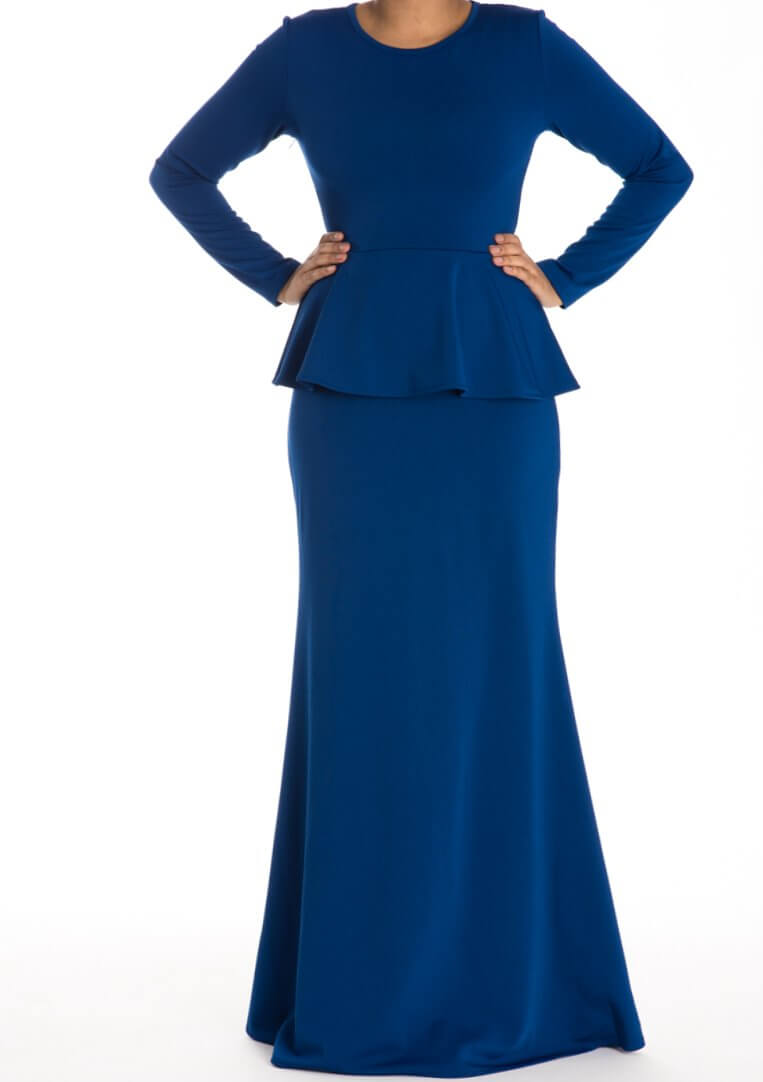 Blue Long Sleeve Peplum Maxi Dress Kabayare