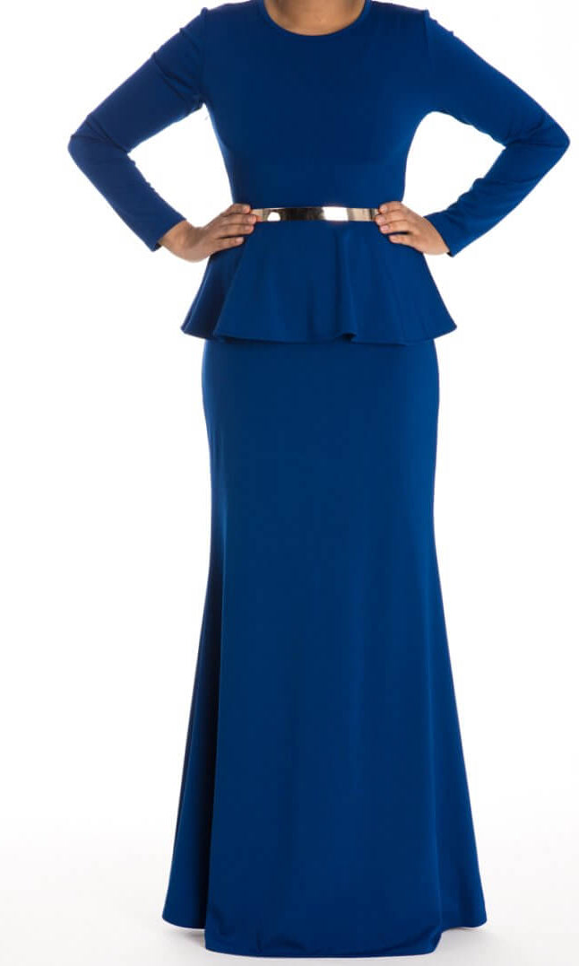 Blue Long Sleeve Peplum Maxi Dress Kabayare