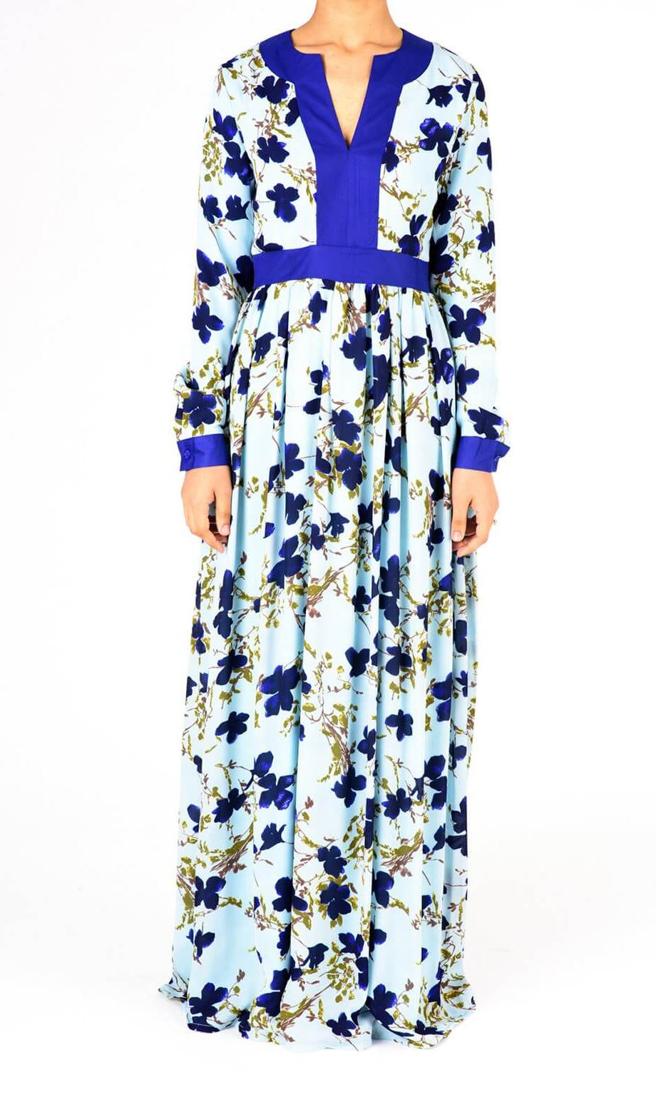 Blue Mixed Media Floral Maxi Dress Kabayare