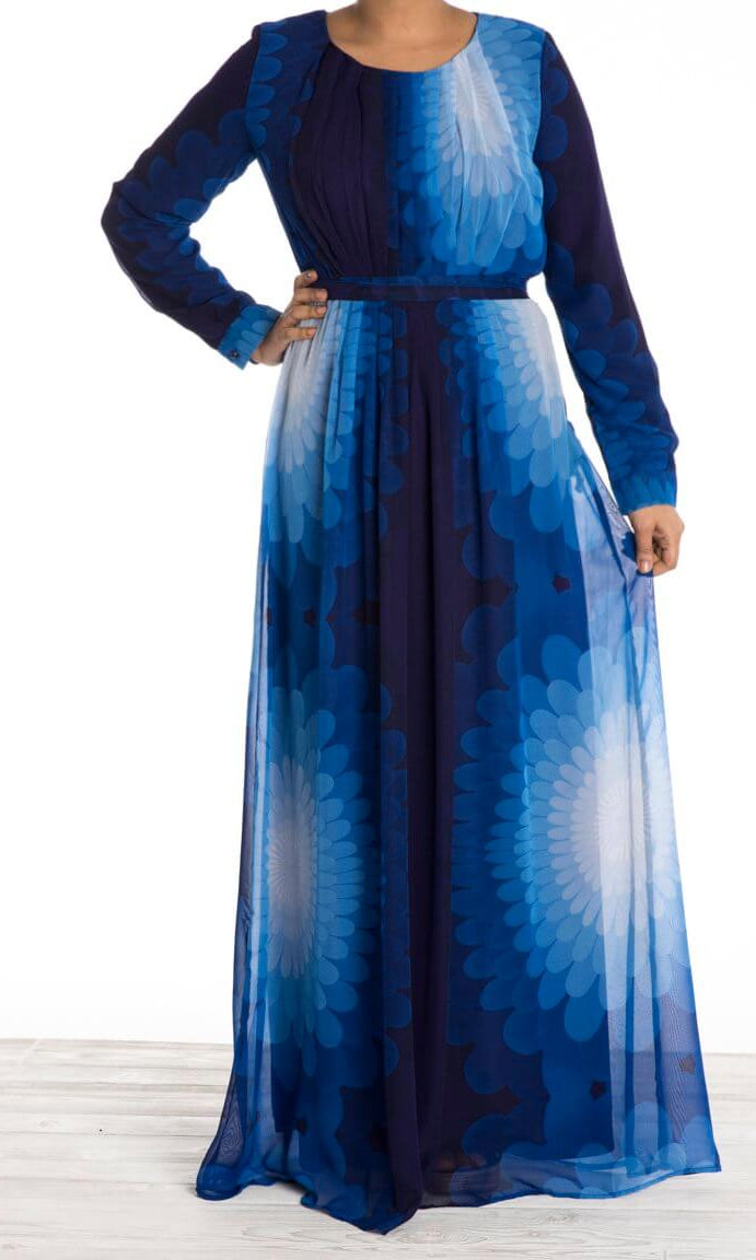 Blue ombre feathers chiffon dress Kabayare