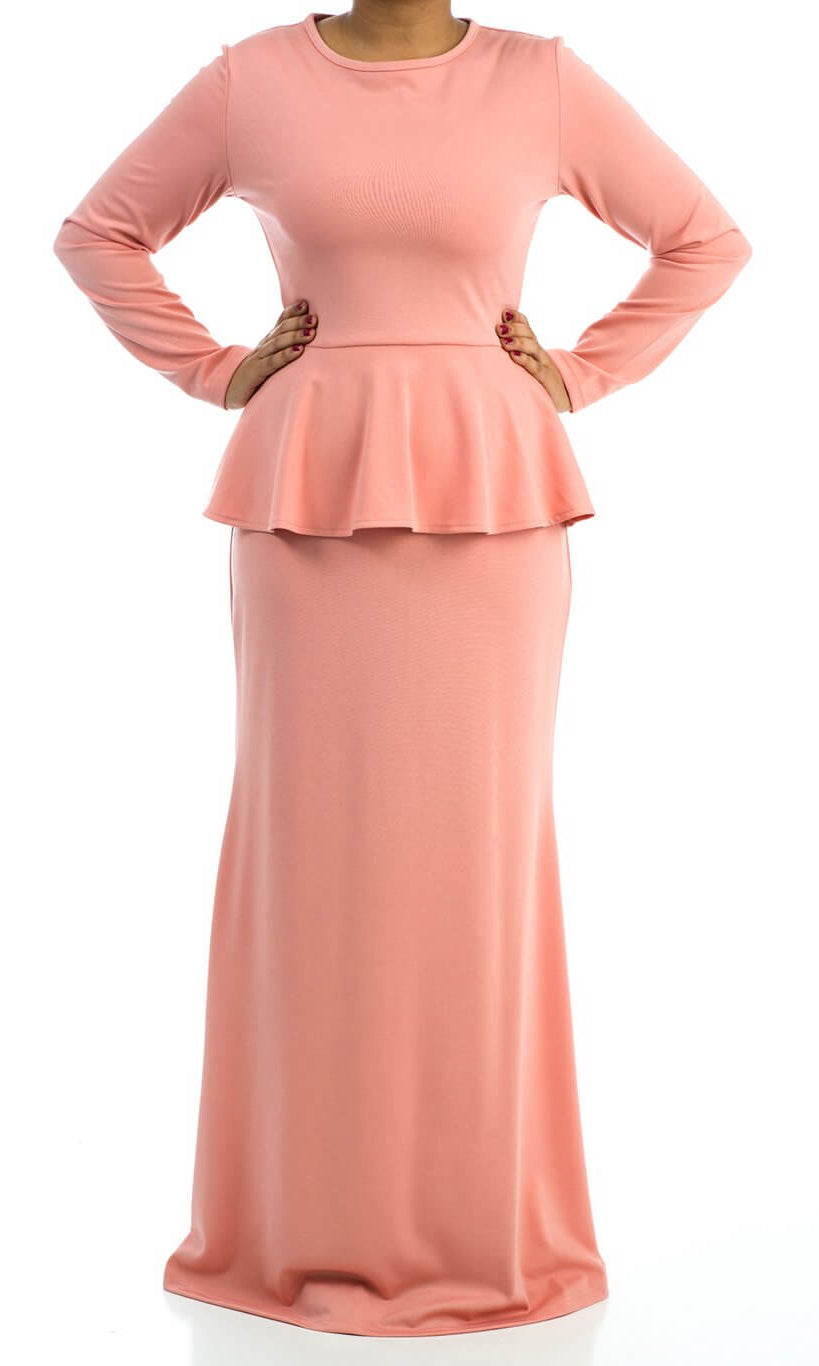 Blush Long Sleeve Peplum Maxi Dress Kabayare