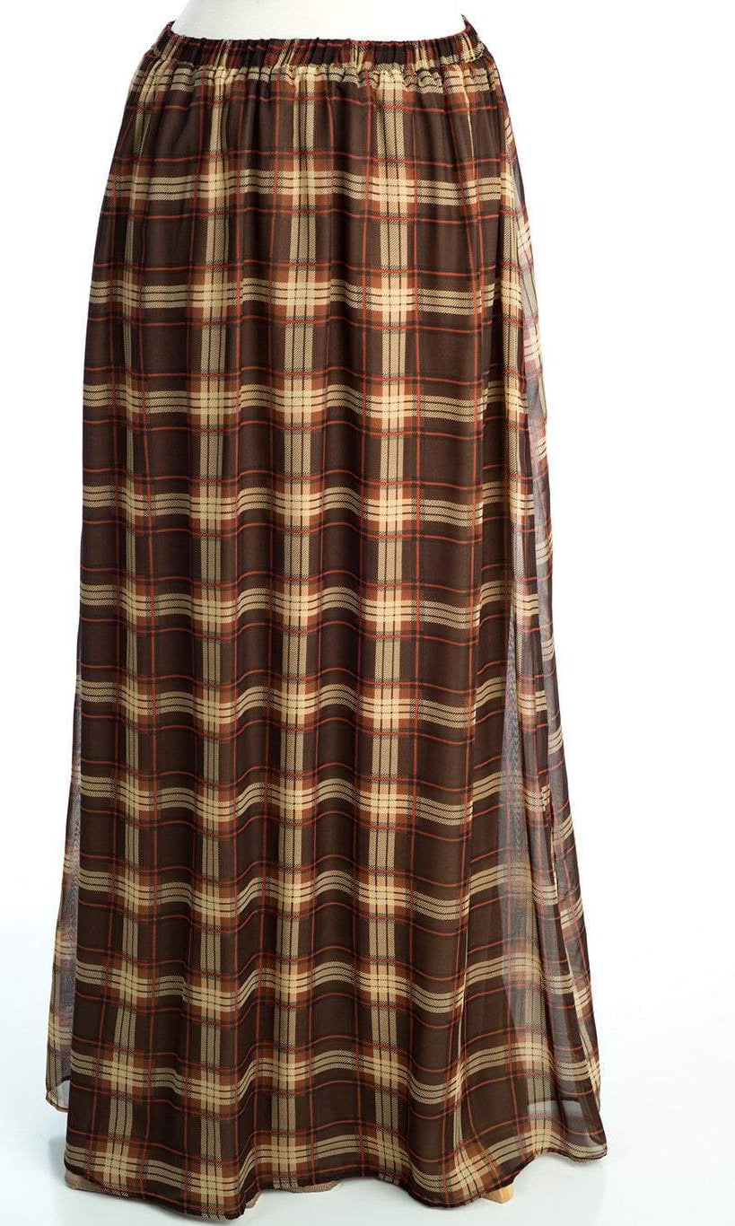 Brown Plaid Chiffon Maxi Skirt Kabayare