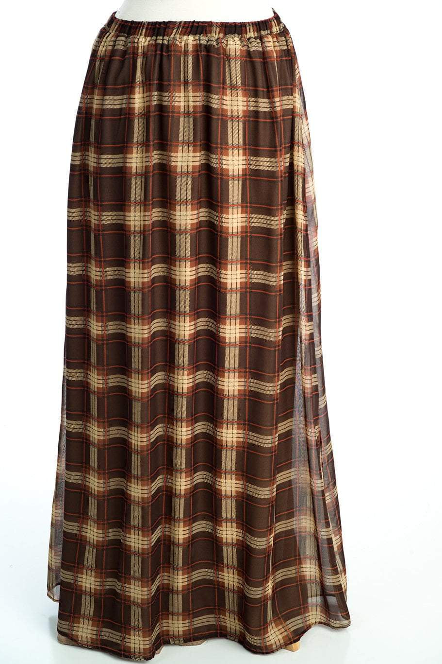 Brown Plaid Chiffon Maxi Skirt Kabayare