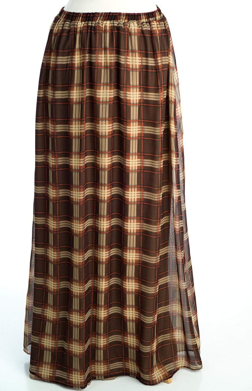 Brown Plaid Chiffon Maxi Skirt Kabayare