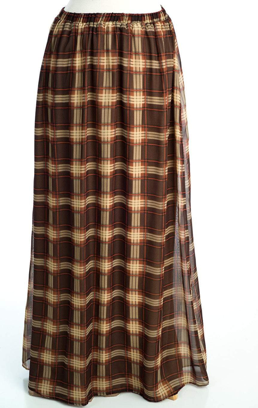 Brown Plaid Chiffon Maxi Skirt Kabayare