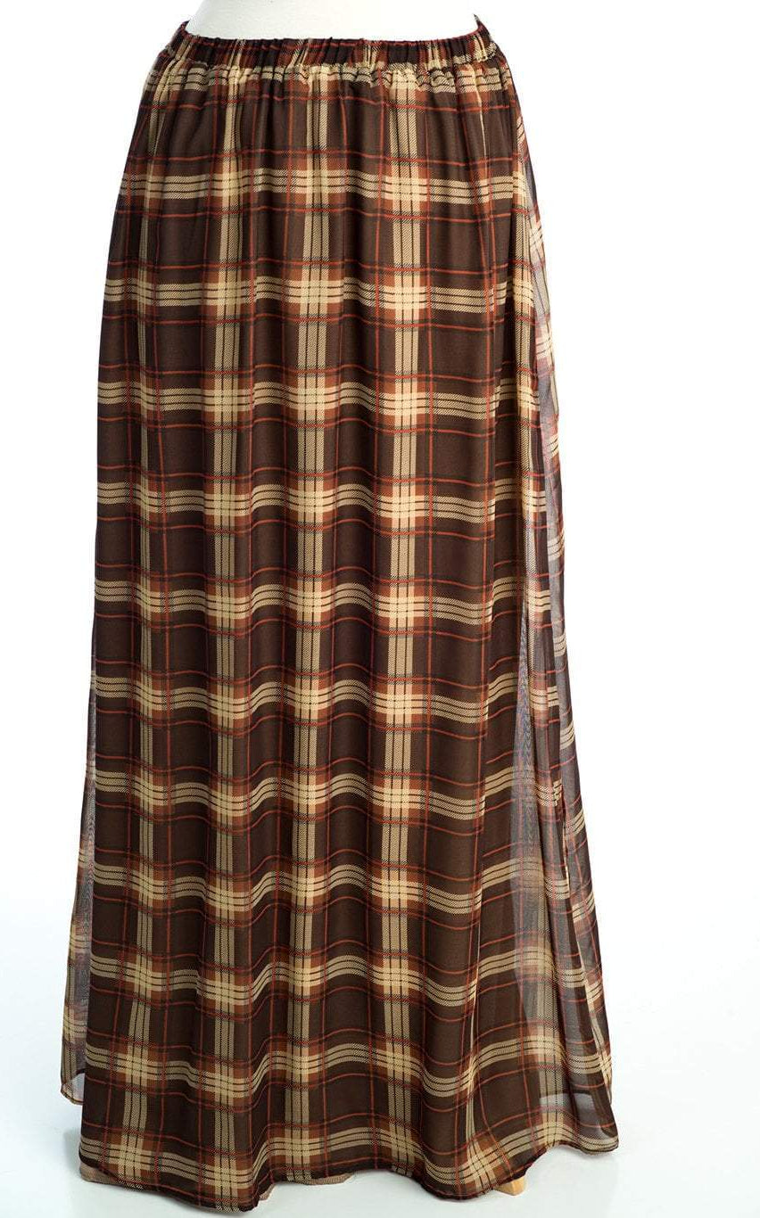 Brown Plaid Chiffon Maxi Skirt Kabayare