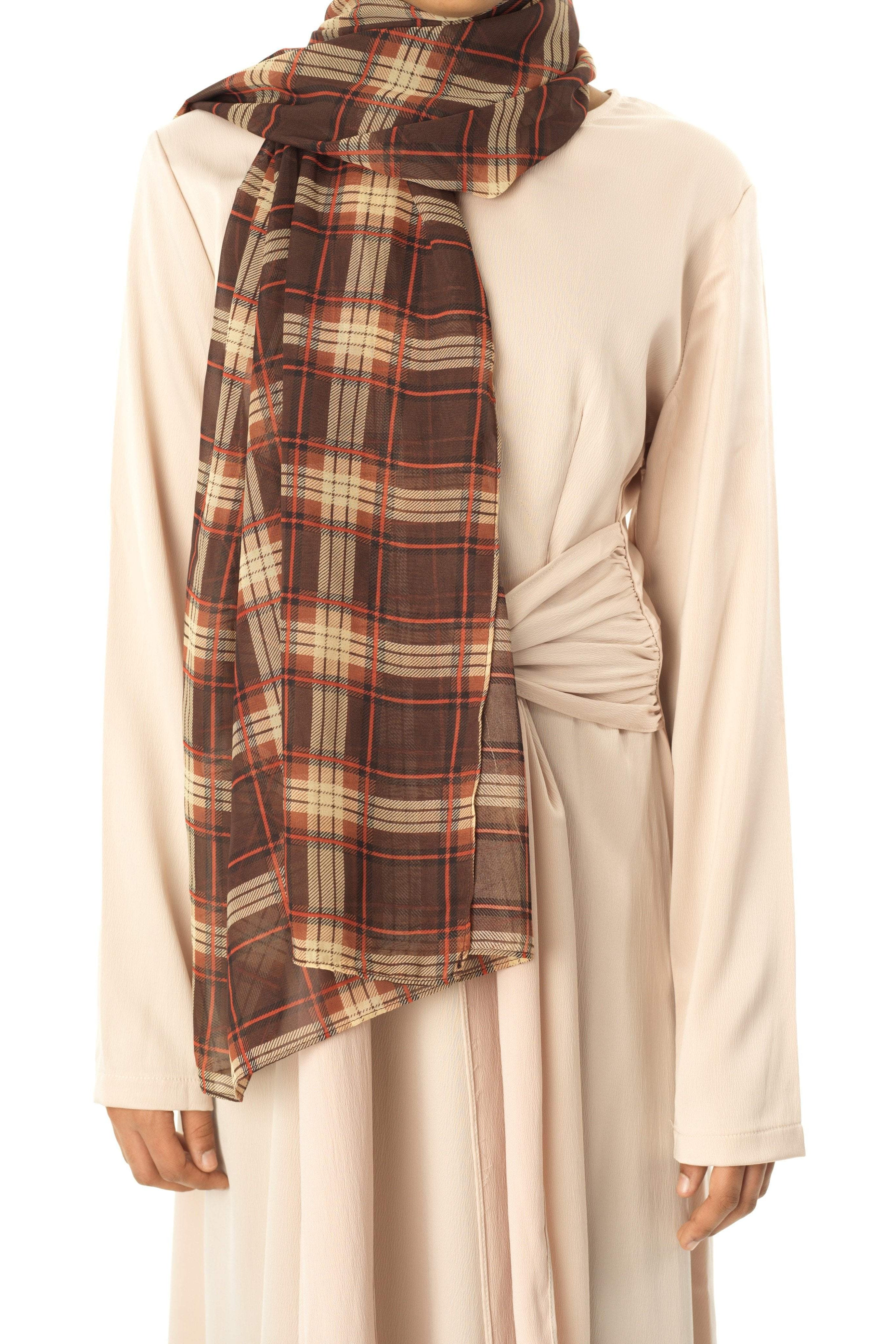 brown plaid Digital Chiffon Hijab Kabayare
