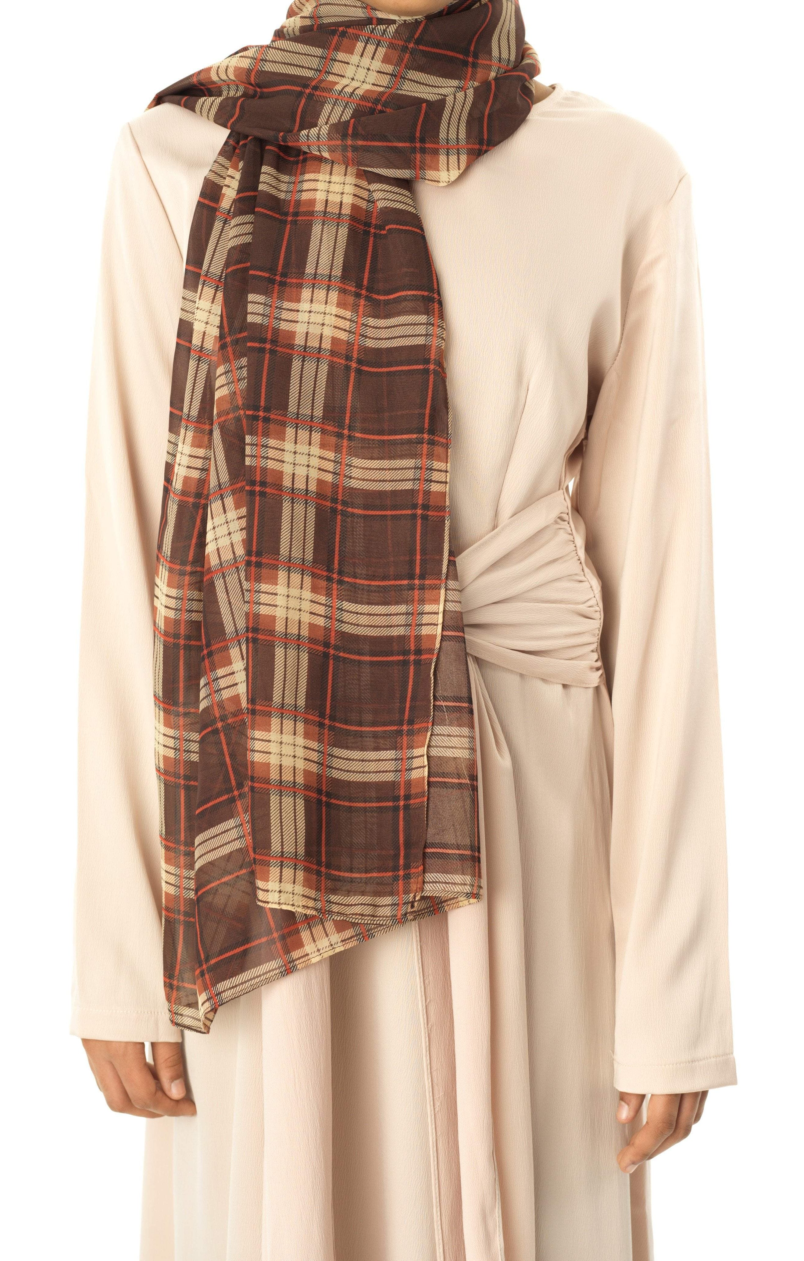 brown plaid Digital Chiffon Hijab Kabayare