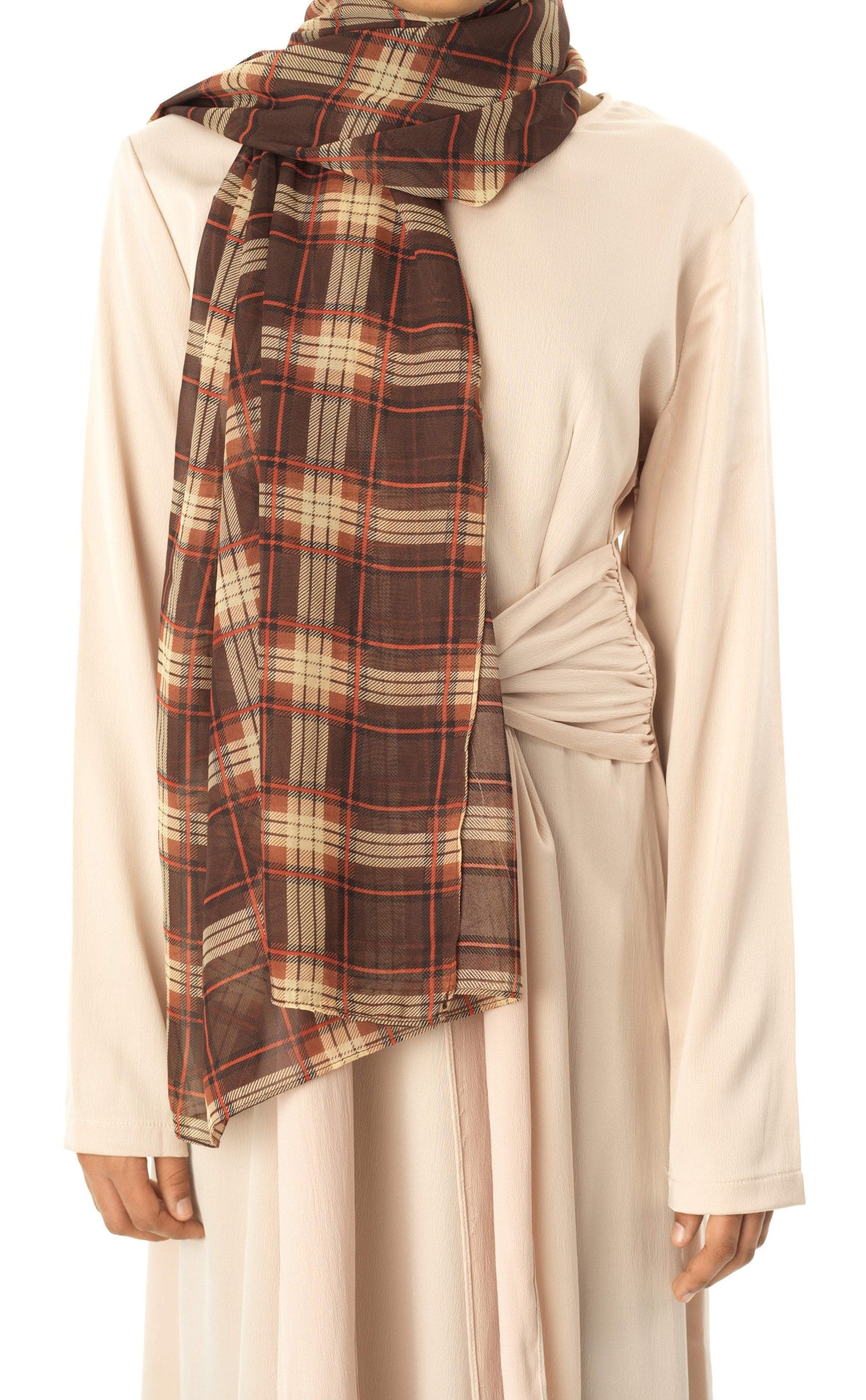 brown plaid Digital Chiffon Hijab Kabayare