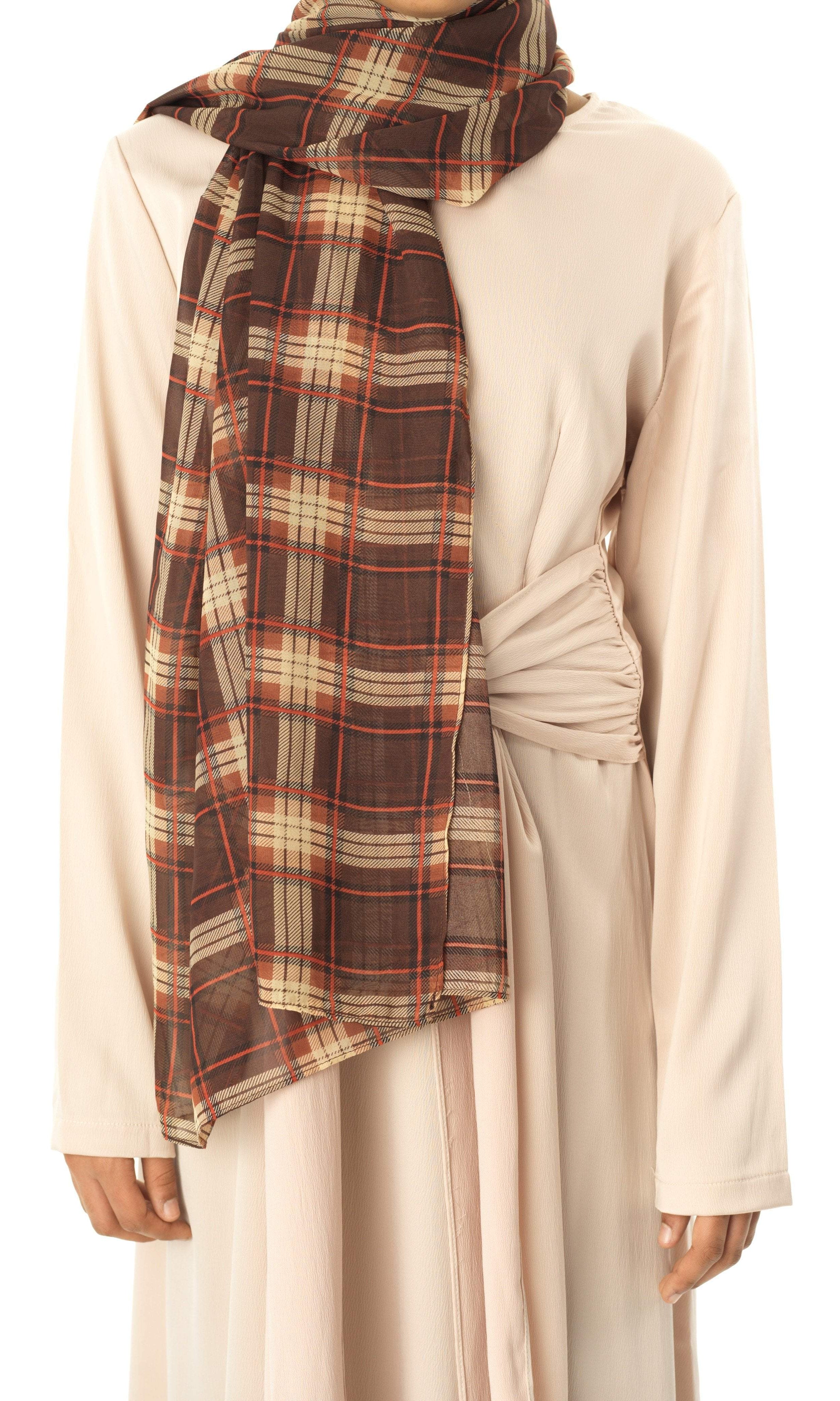 brown plaid Digital Chiffon Hijab Kabayare