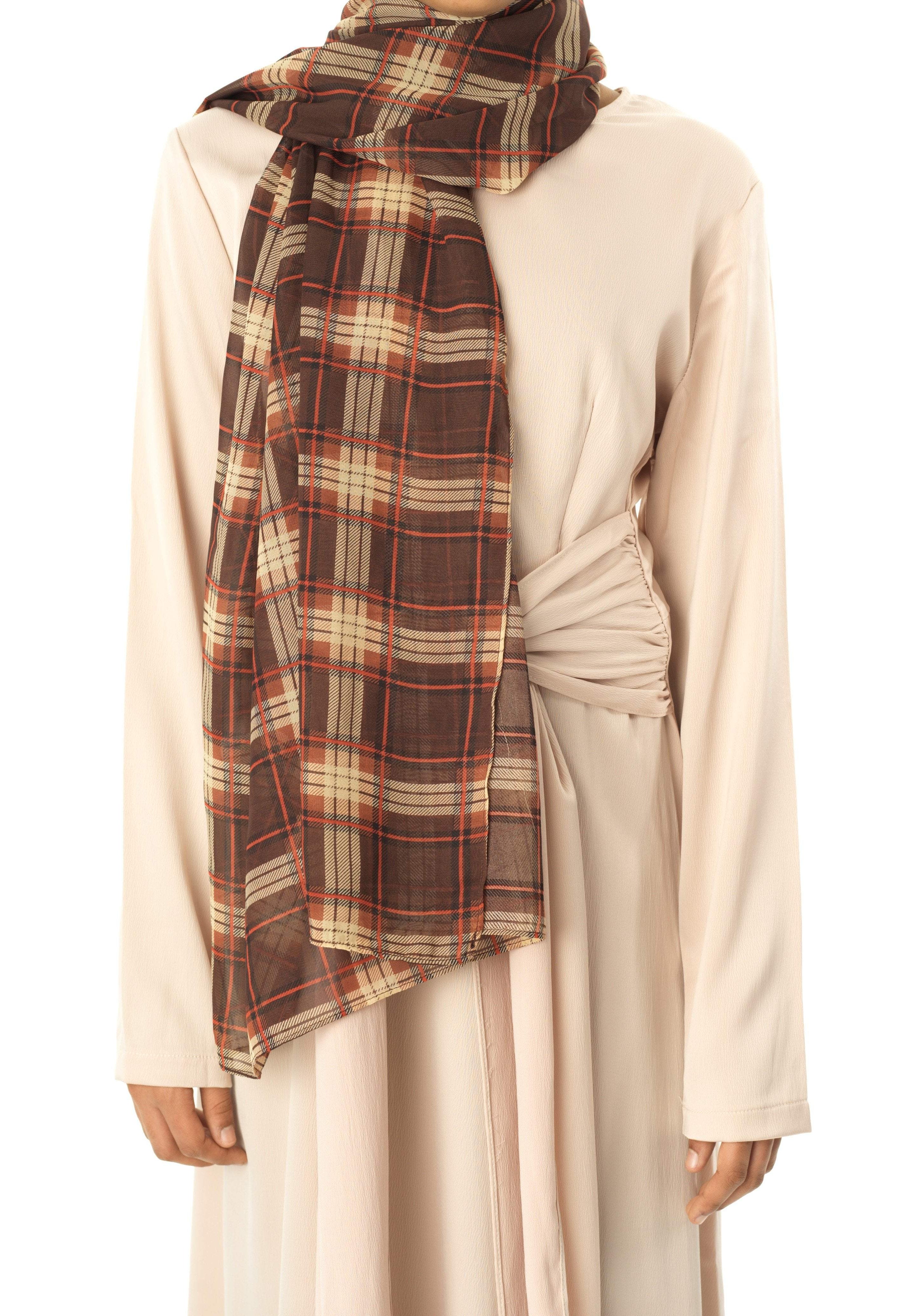 brown plaid Digital Chiffon Hijab Kabayare