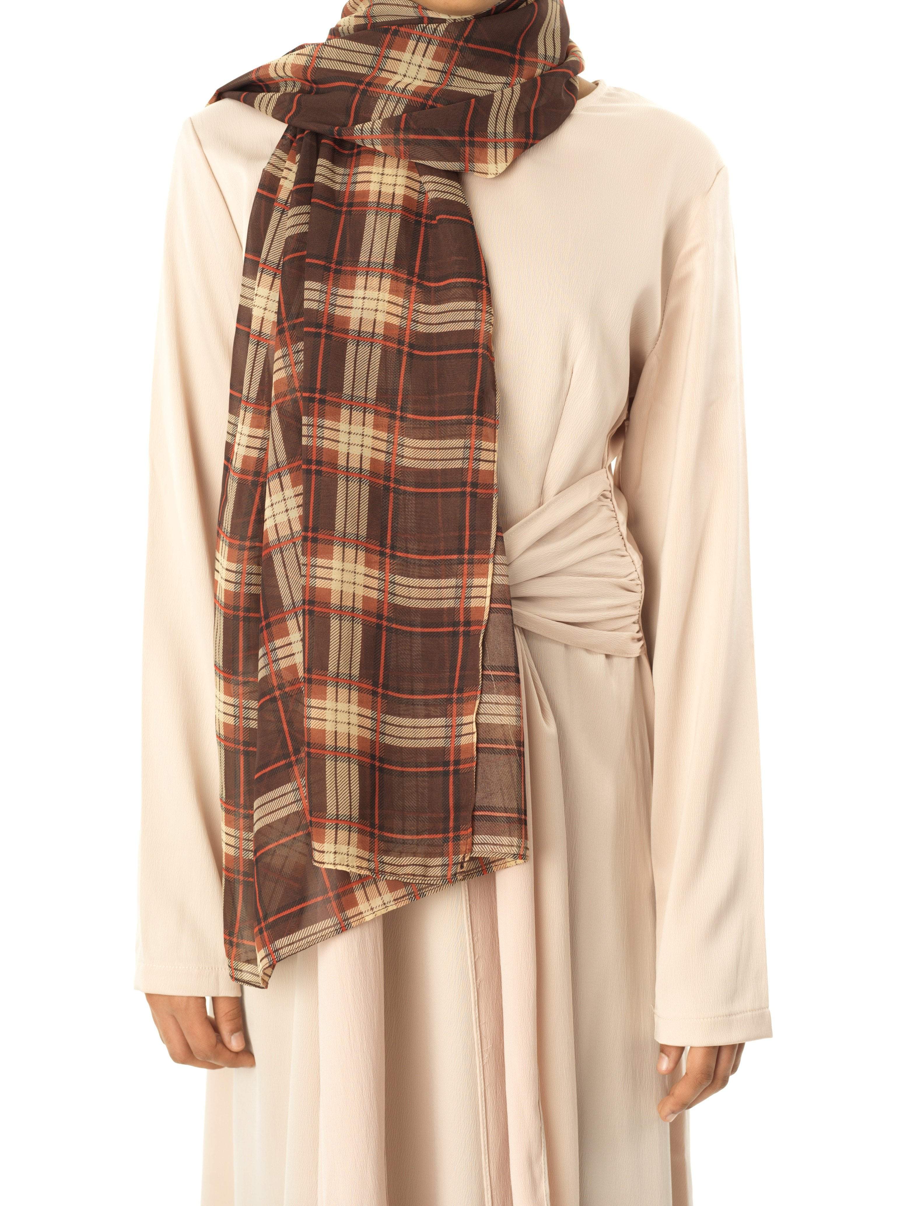 brown plaid Digital Chiffon Hijab Kabayare