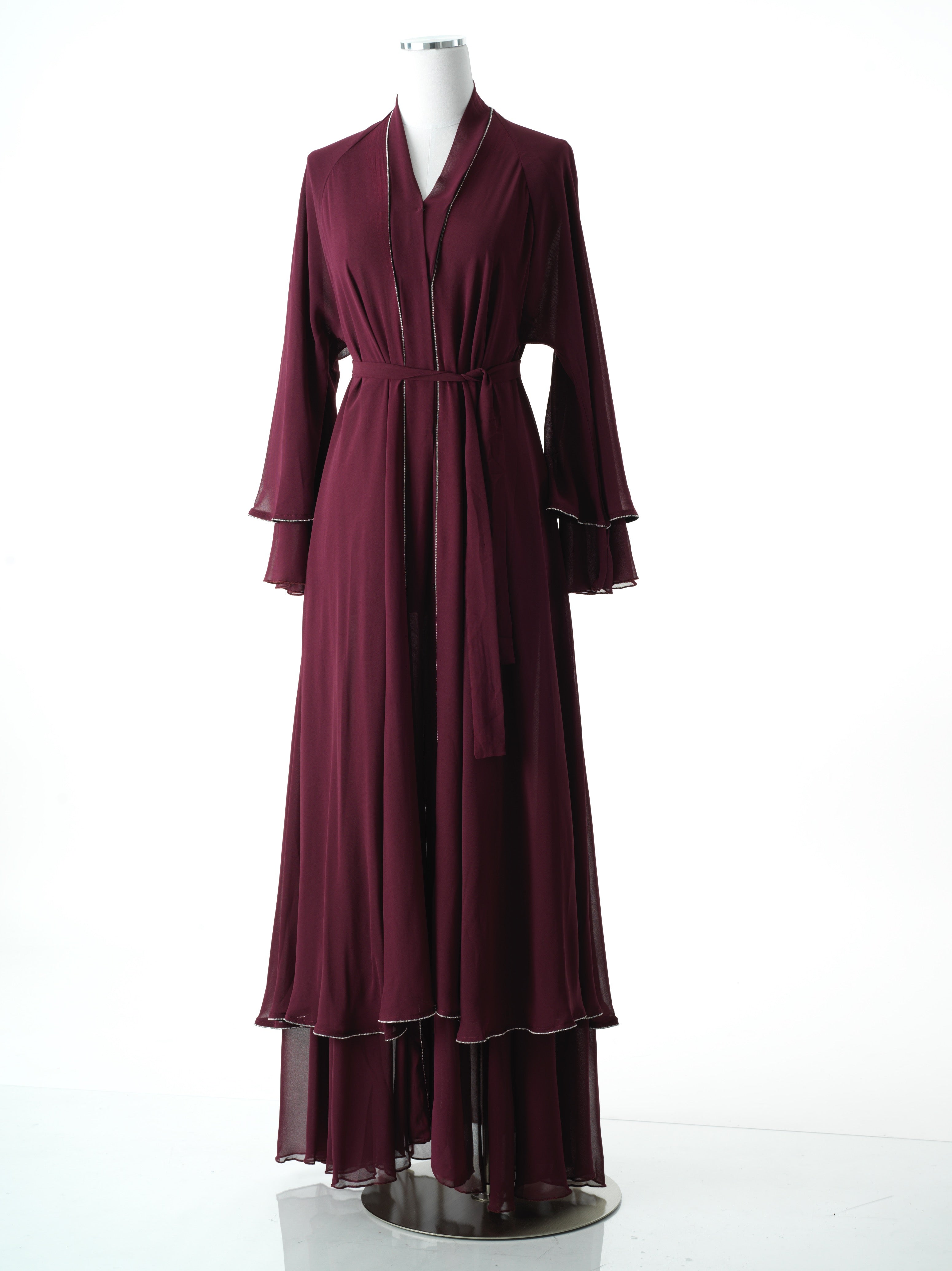 Burgundy tiered chiffon abaya Kabayare