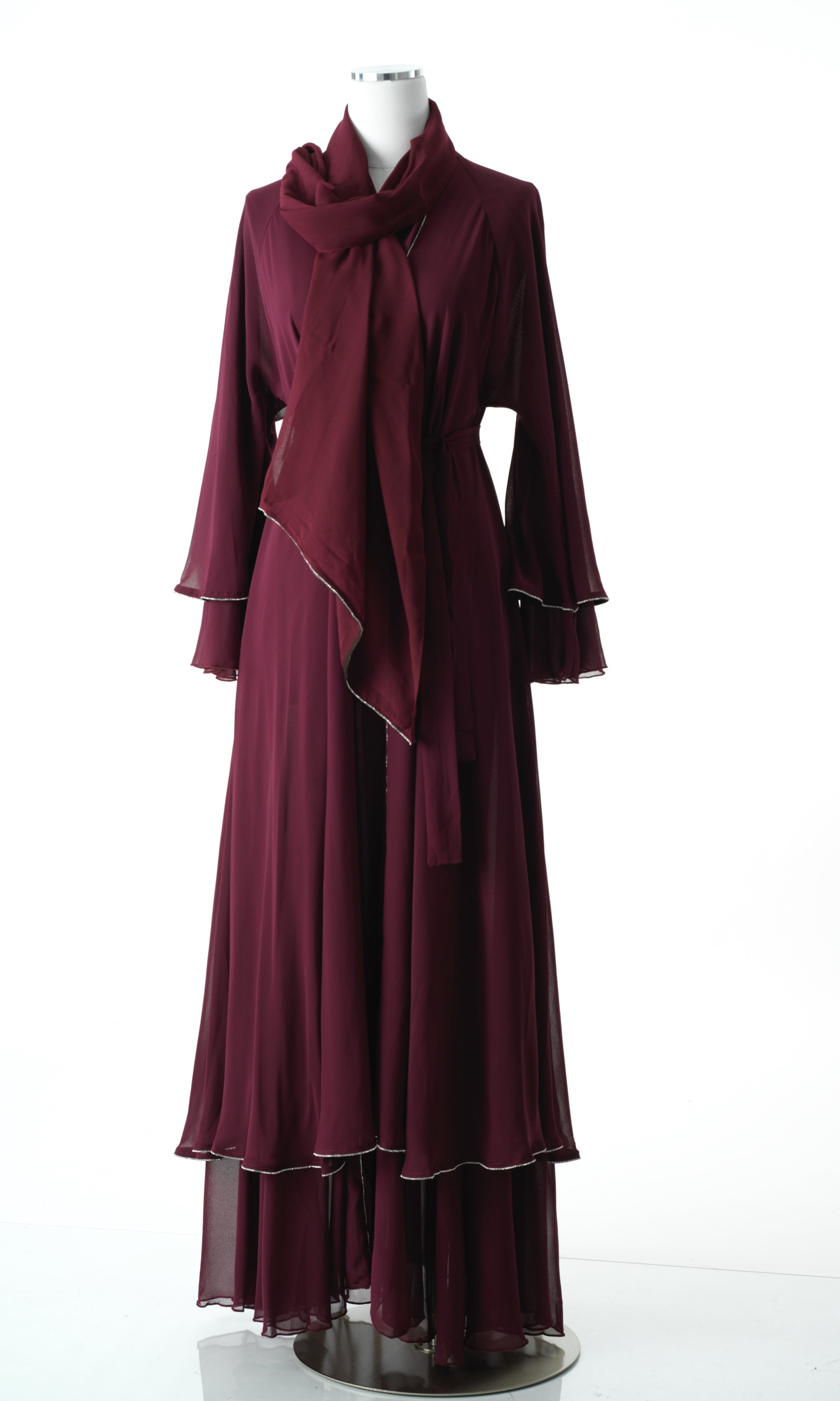 Burgundy tiered chiffon abaya Kabayare