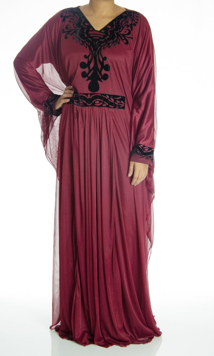 Burgundy Velvet Vine Kaftan Dress Kabayare