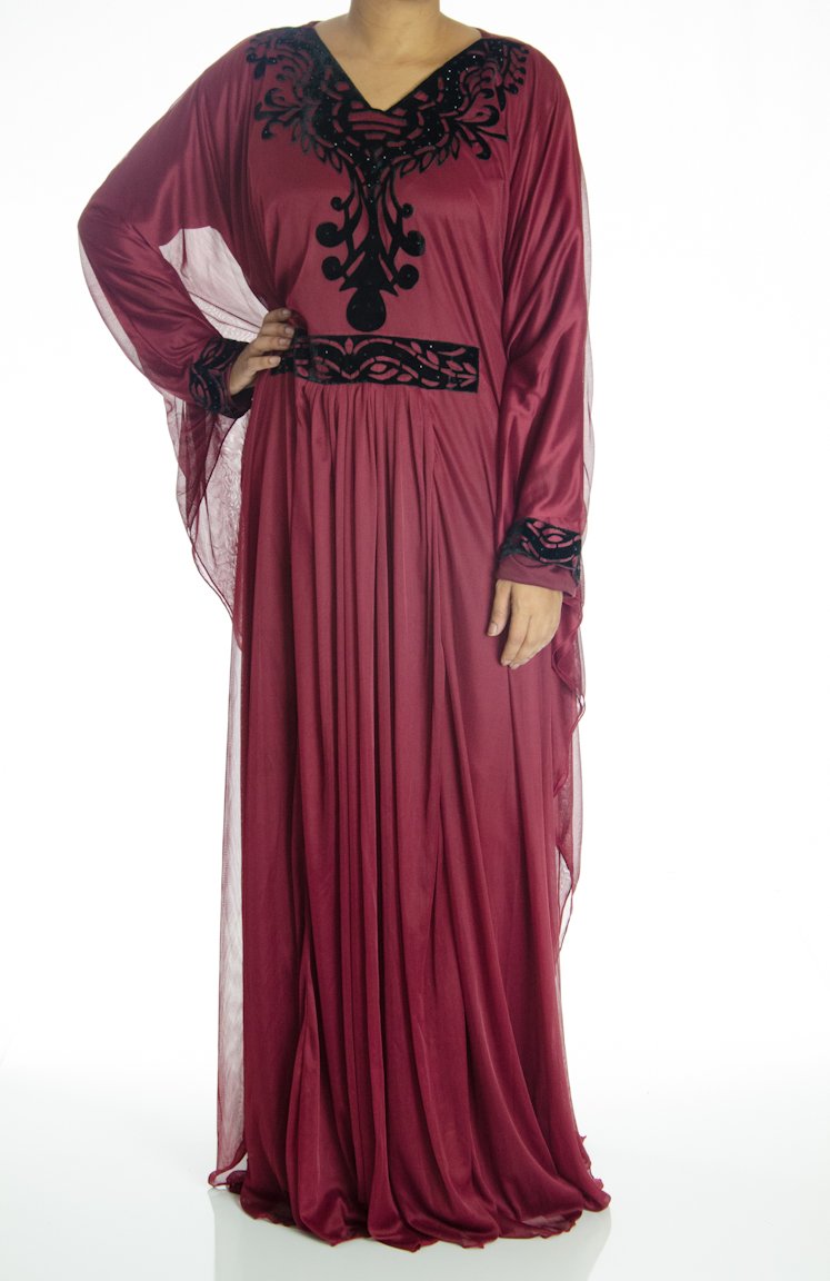Burgundy Velvet Vine Kaftan Dress Kabayare