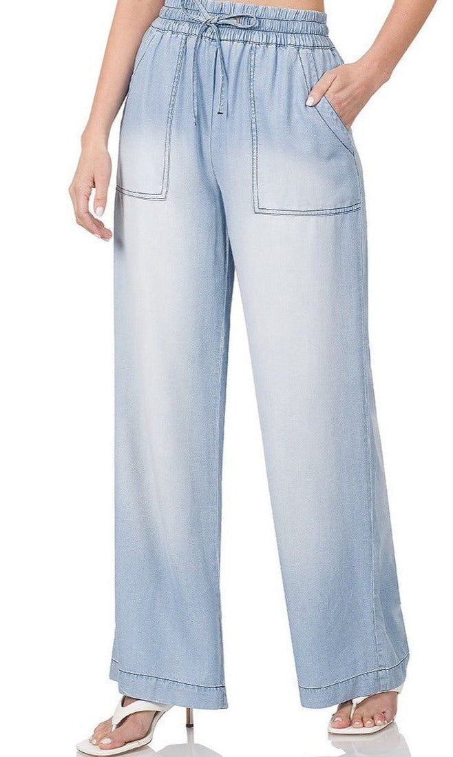 CHAMBRAY DRAWSTRING WIDE LEG PANTS KF