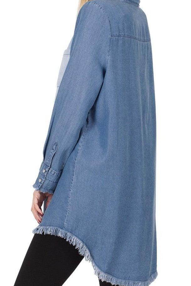 CHAMBRAY FRAYED HEM LONGLINE SHIRTS - HI-LOW HEM KF