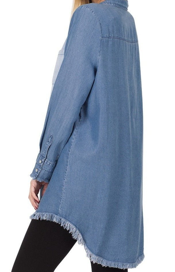 CHAMBRAY FRAYED HEM LONGLINE SHIRTS - HI-LOW HEM KF