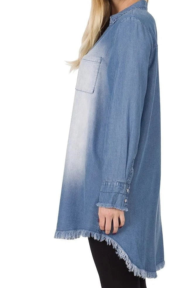 CHAMBRAY FRAYED HEM LONGLINE SHIRTS - HI-LOW HEM KF