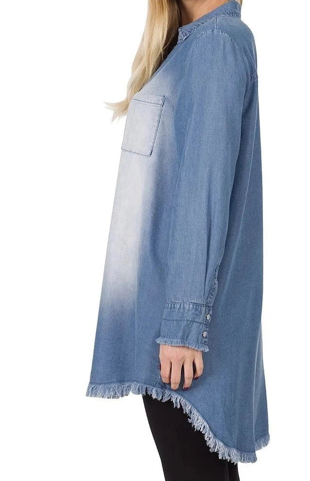 CHAMBRAY FRAYED HEM LONGLINE SHIRTS - HI-LOW HEM KF