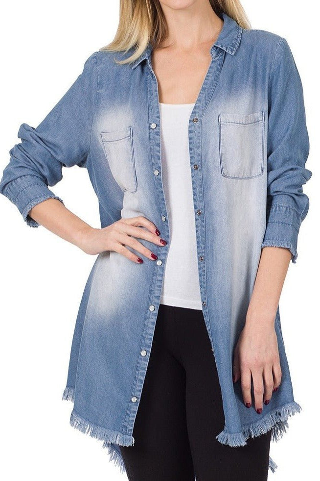 CHAMBRAY FRAYED HEM LONGLINE SHIRTS - HI-LOW HEM KF