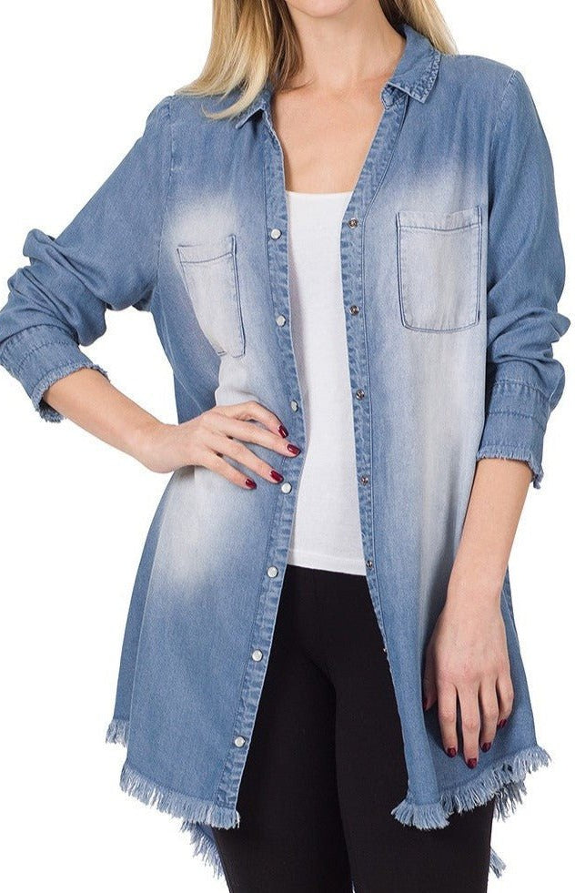 CHAMBRAY FRAYED HEM LONGLINE SHIRTS - HI-LOW HEM KF