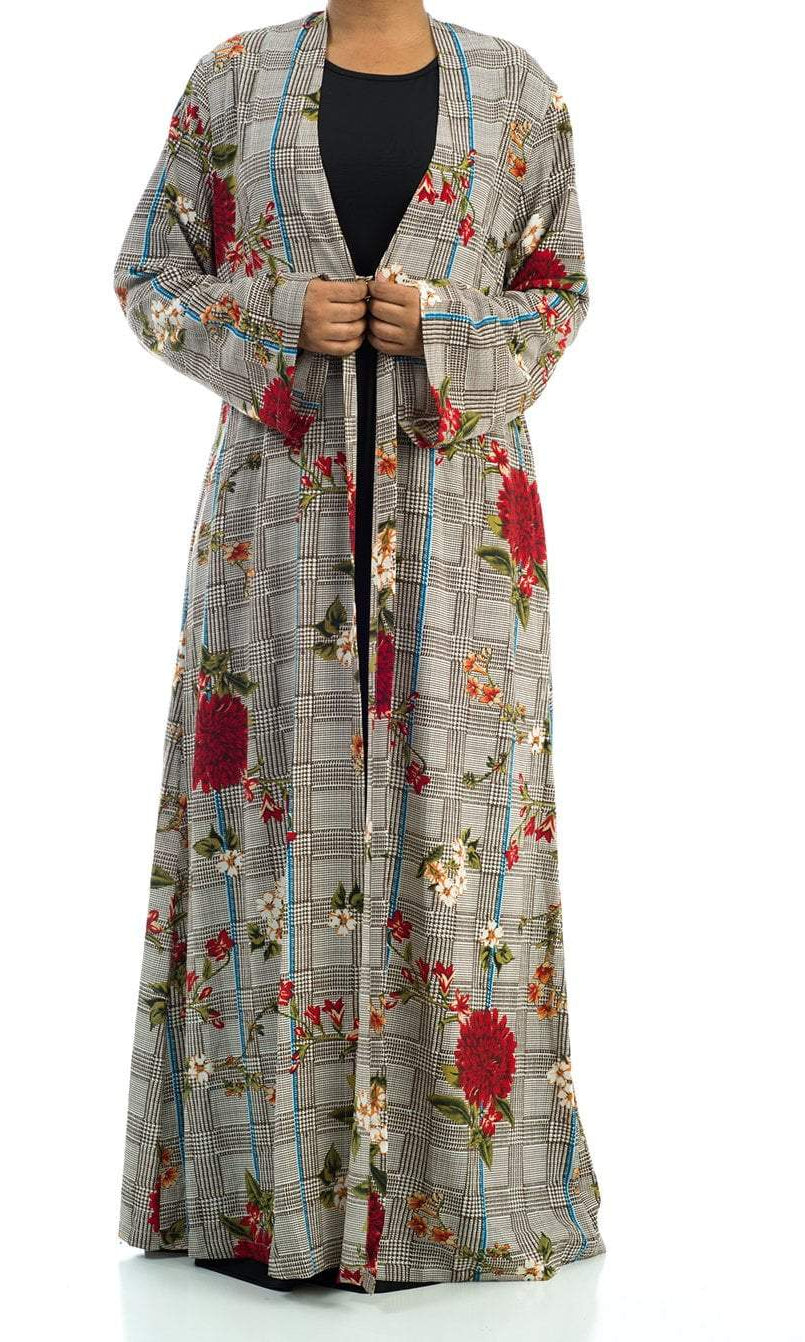 Checkered Floral Maxi Cardigan Kabayare