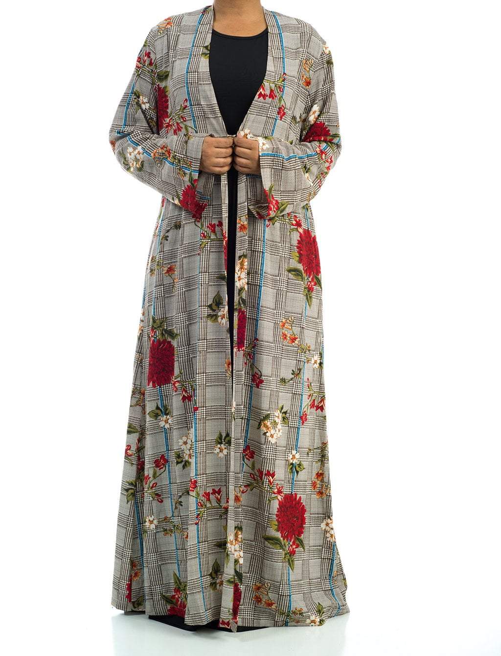 Checkered Floral Maxi Cardigan Kabayare