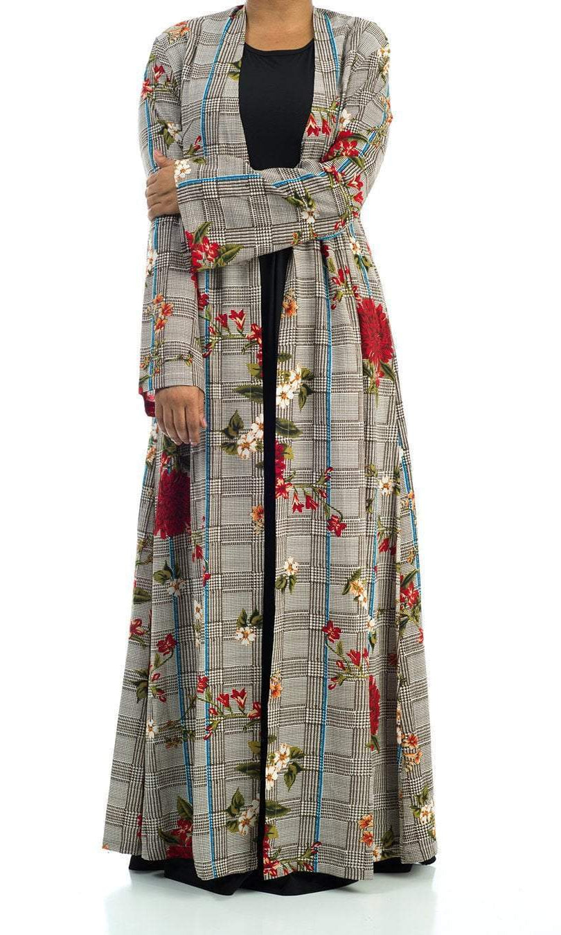 Checkered Floral Maxi Cardigan Kabayare