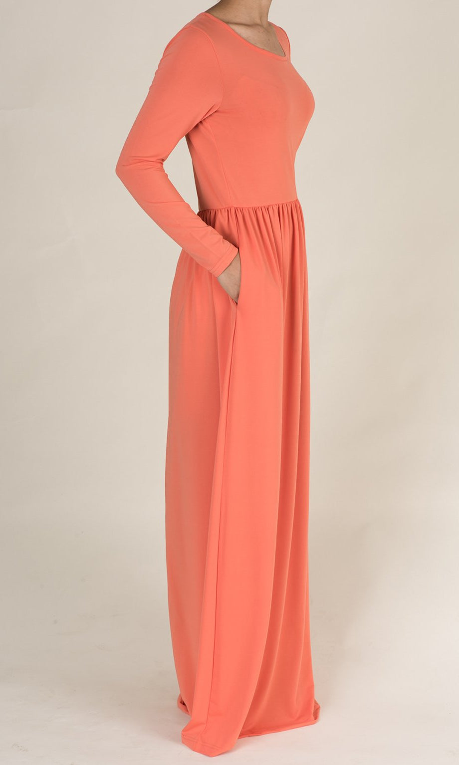 Coral Milk Silk Maxi Dress / Pockets Kabayare
