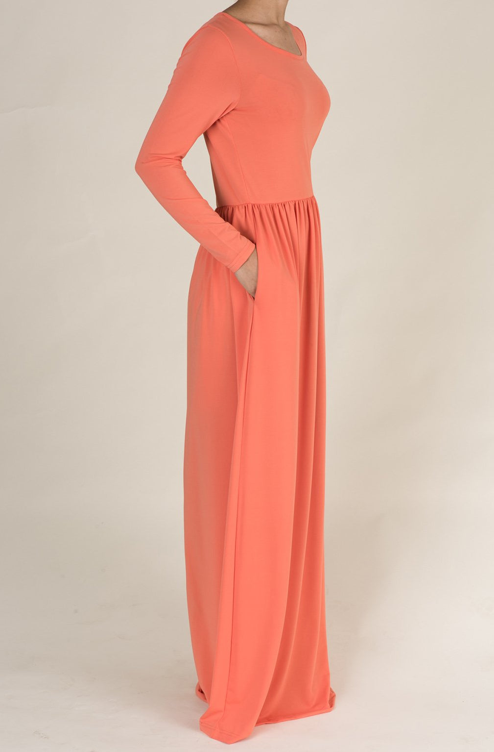 Coral Milk Silk Maxi Dress / Pockets Kabayare