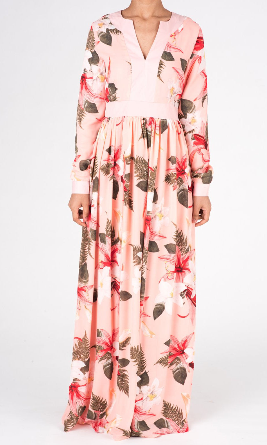 Coral Mixed Media Floral Maxi Dress Kabayare