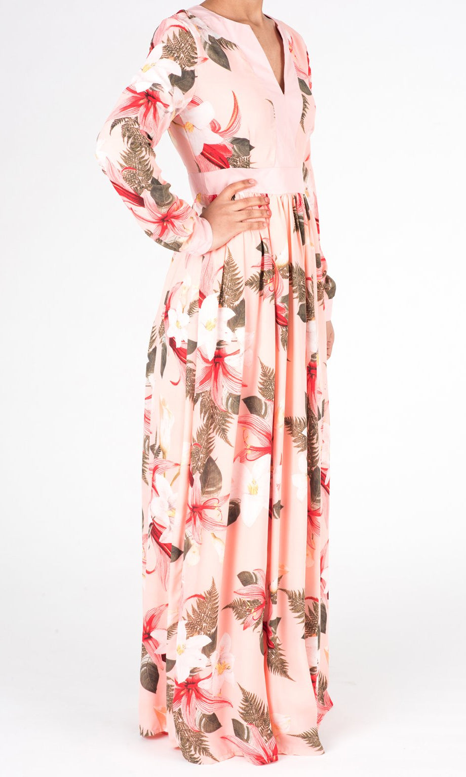 Coral Mixed Media Floral Maxi Dress Kabayare