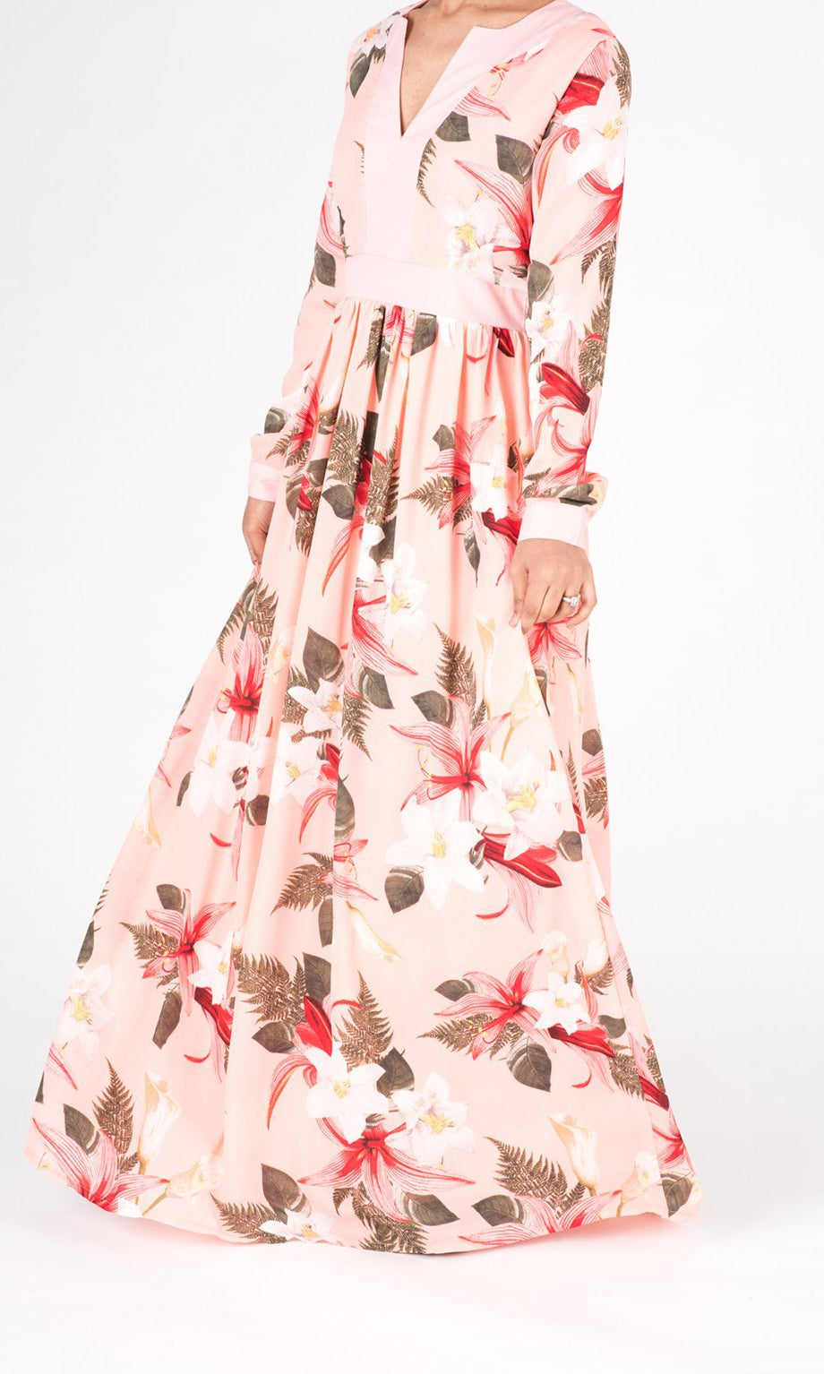 Coral Mixed Media Floral Maxi Dress Kabayare
