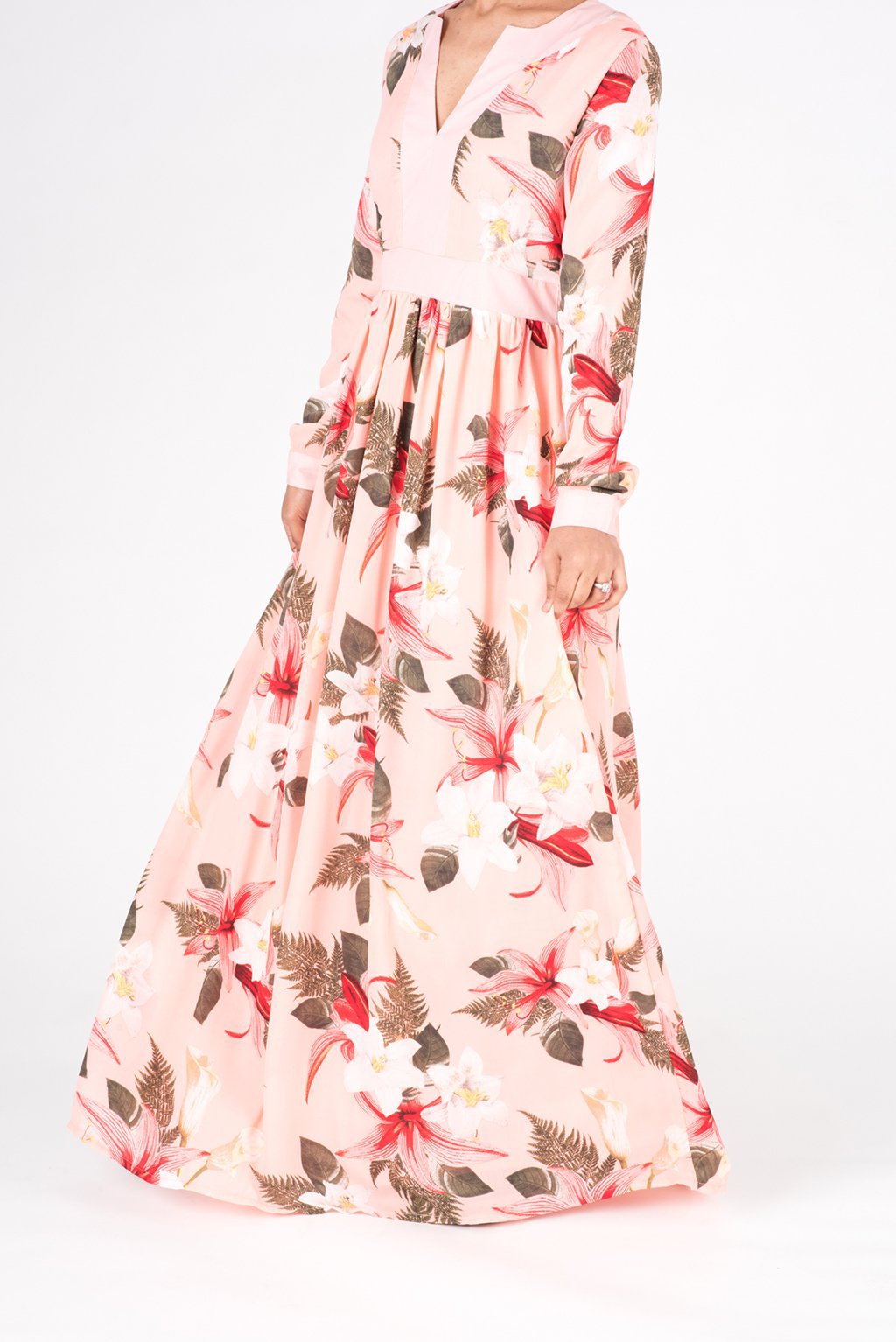 Coral Mixed Media Floral Maxi Dress Kabayare